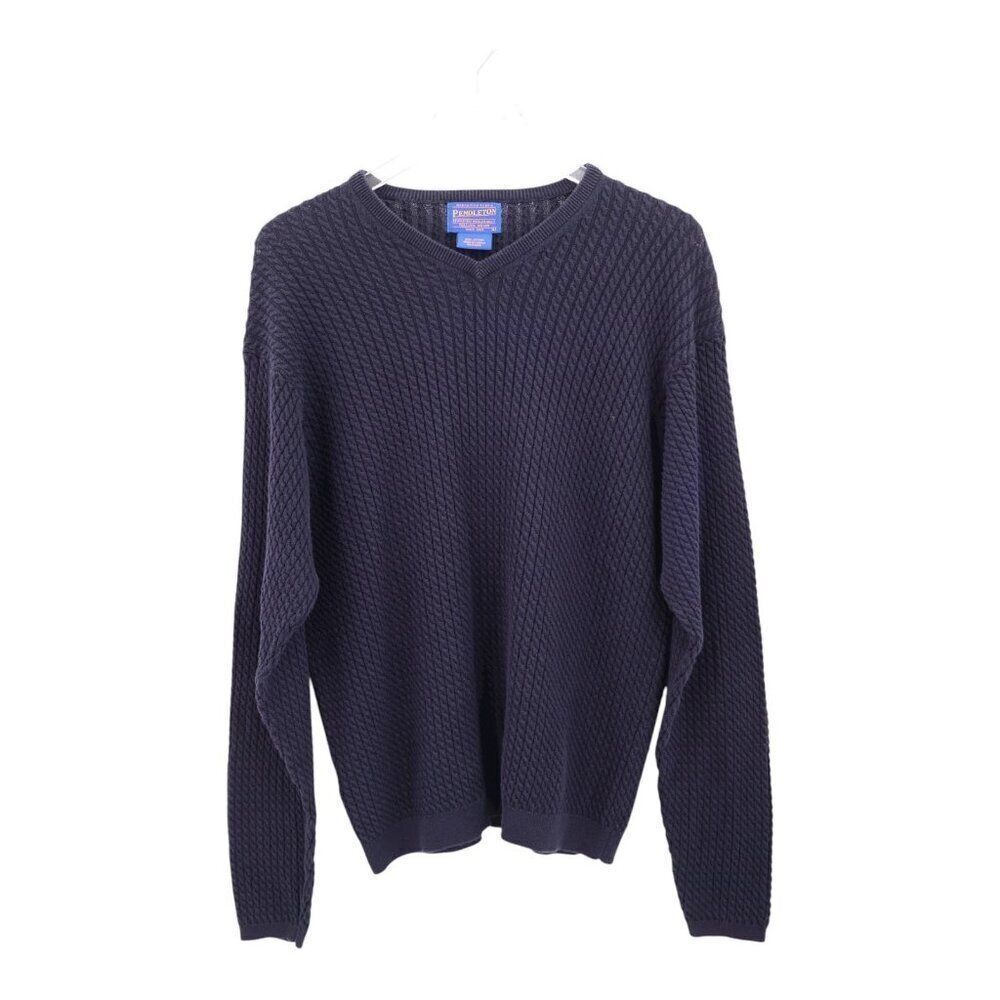 Pendleton navy v-neck tight cable knit sweater men large 100% cotton Japan made
